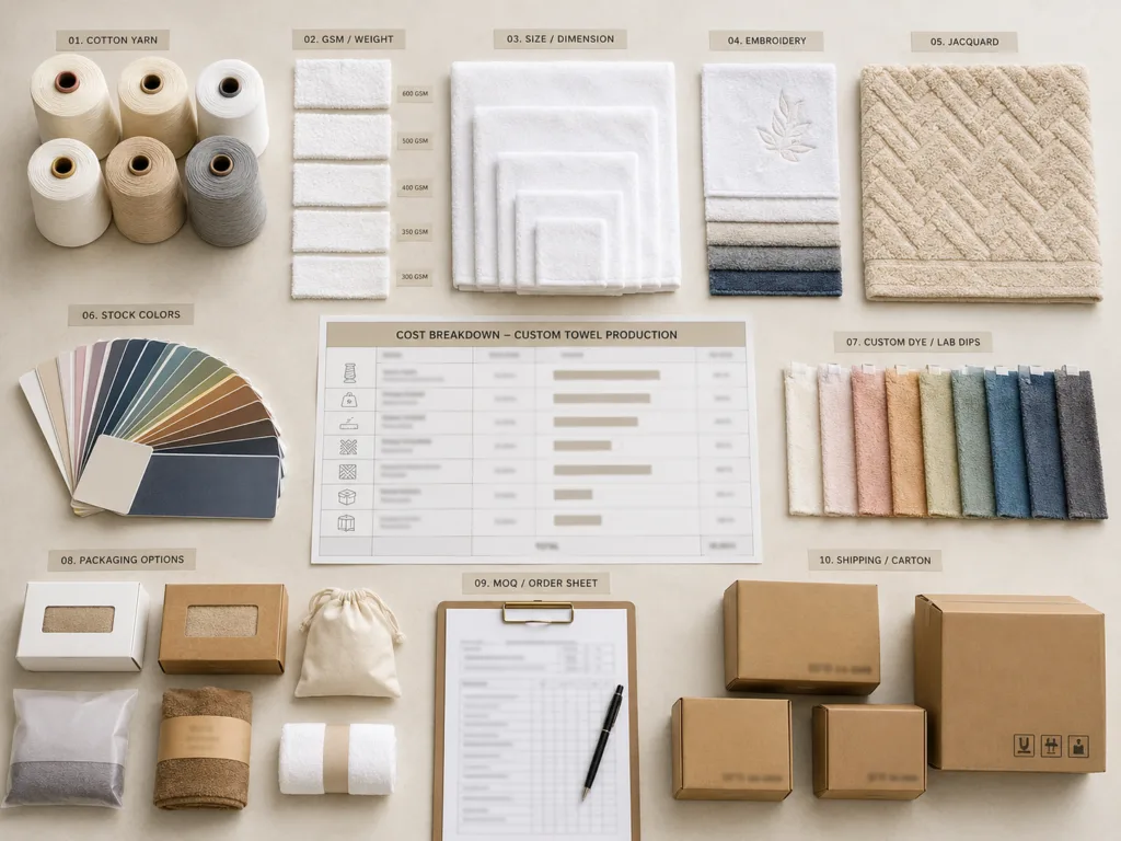 Custom towel costs breakdown showing yarn, GSM, towel size, logo methods, color samples, packaging and export cartons