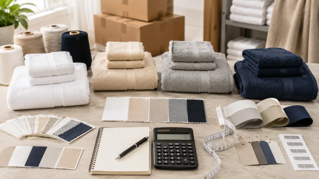 Custom towel costs planning desk with towel samples, GSM swatches, yarn cones, packaging samples and export cartons for bulk buyers