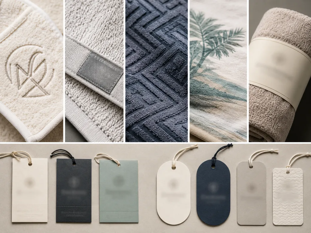 Custom towel branding methods including embroidery, woven label, jacquard texture, printed towel surface, belly band and hang tag