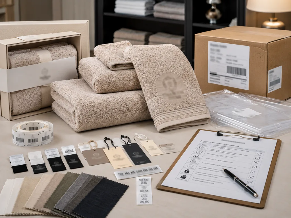 Custom towel set with logo, labels, hang tags and packaging materials prepared for textile compliance review