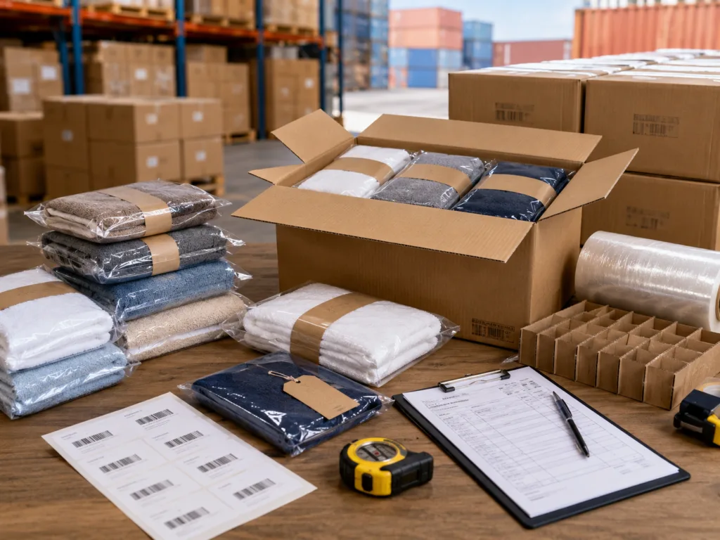 Custom towel packaging and export logistics setup with folded towels, retail labels, export cartons, measuring tape and packing list