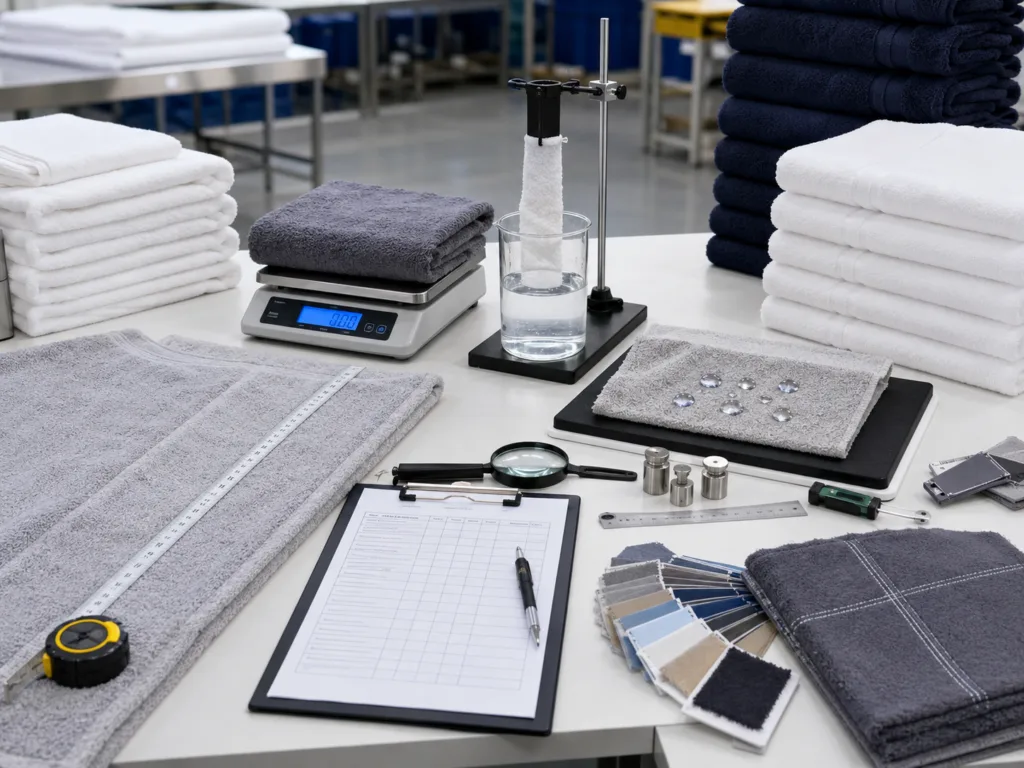 Custom towel quality control inspection for bulk orders with GSM check, size measurement, stitching review and absorbency test