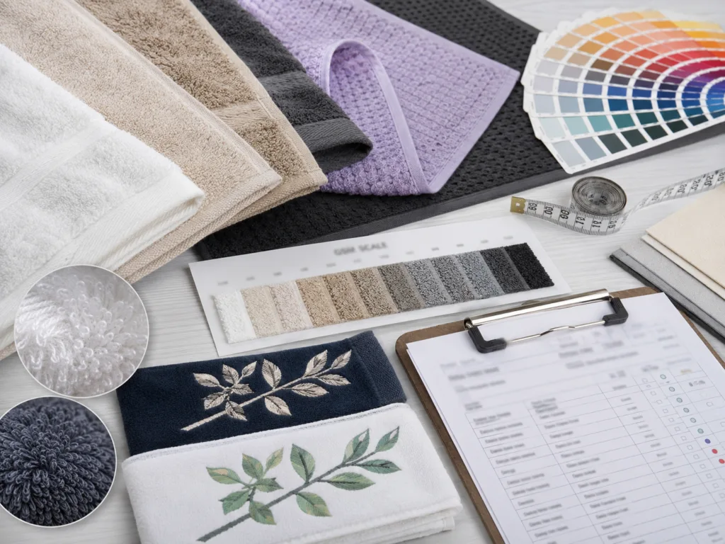 Custom towel sampling review with cotton towel samples, microfiber fabric, GSM card, color swatches, measuring tape and logo approval details.