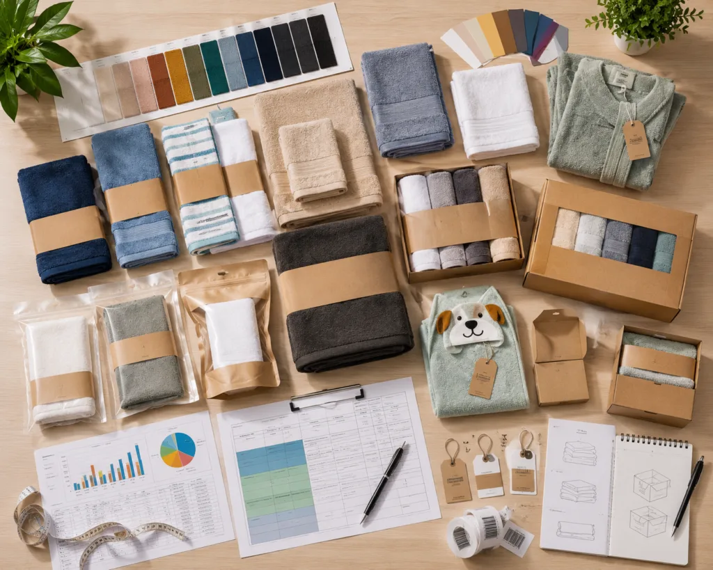 Custom towels MOQ and SKU planning with towel color swatches, size samples and packaging options for Amazon sellers
