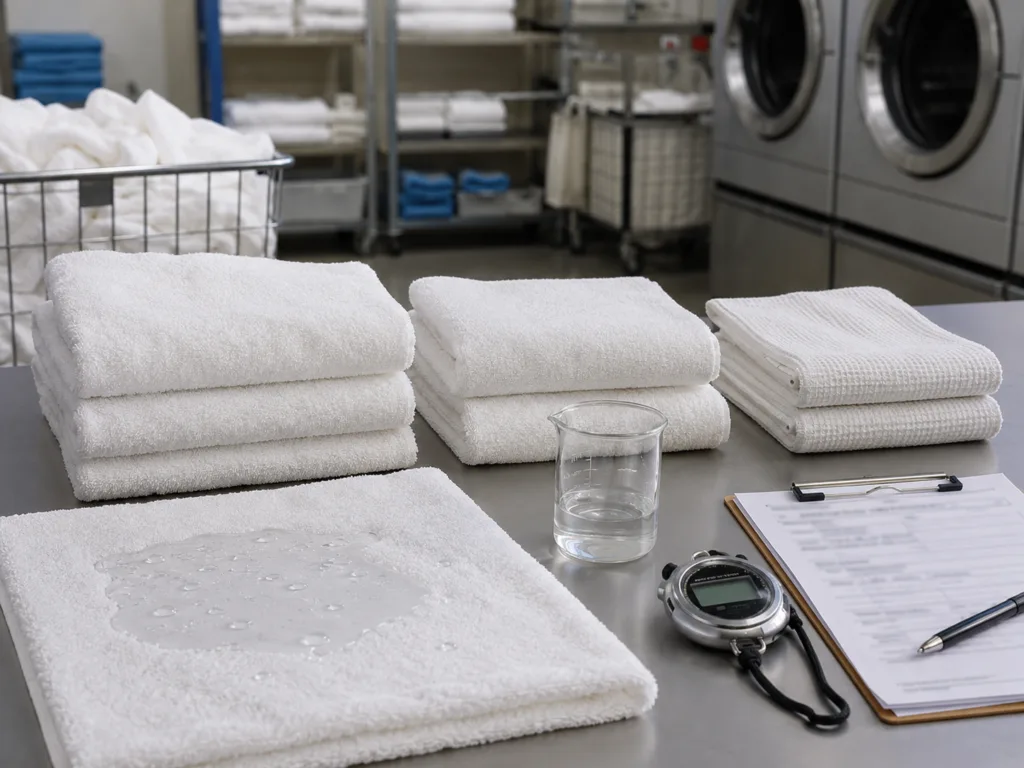 Hotel towel absorbency and laundry performance test showing water absorption drying speed and operational cost factors