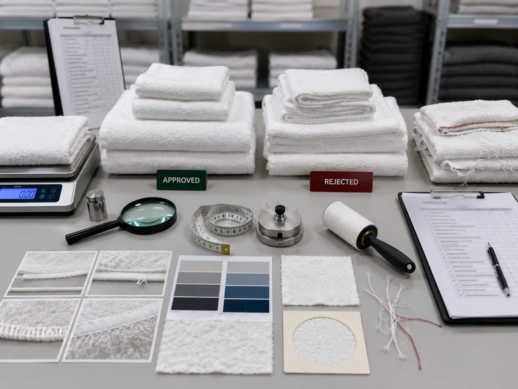 Hotel towel quality inspection table showing GSM testing stitching review and bulk order quality control