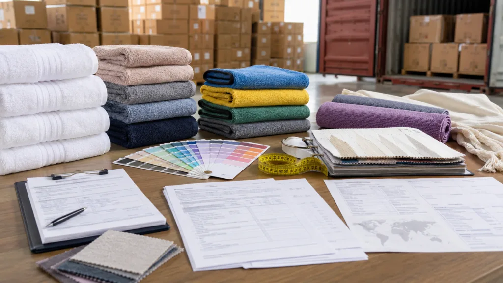 B2B towel sourcing table with hotel towels, retail towels, microfiber towels, yoga towels, samples, documents and export cartons for importing towels from China