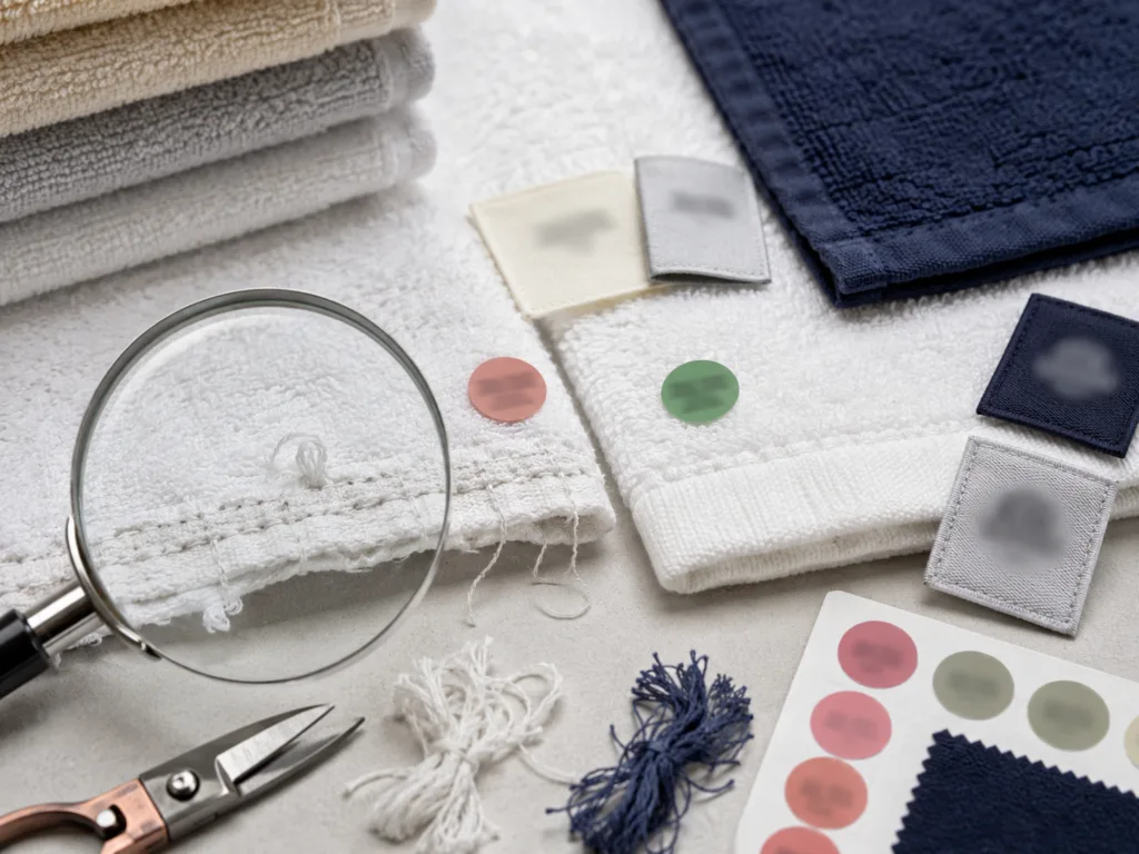 Loose threads and towel hem inspection showing stitching defects, pulled loops and clean edge comparison for private label towel quality control