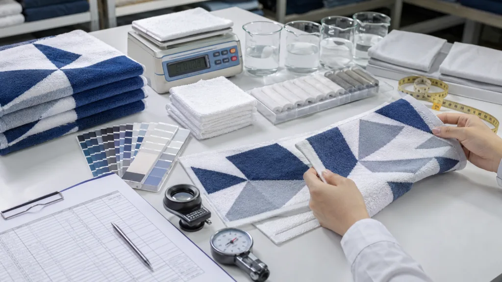 Printed towel color fastness wash testing and quality control before bulk production