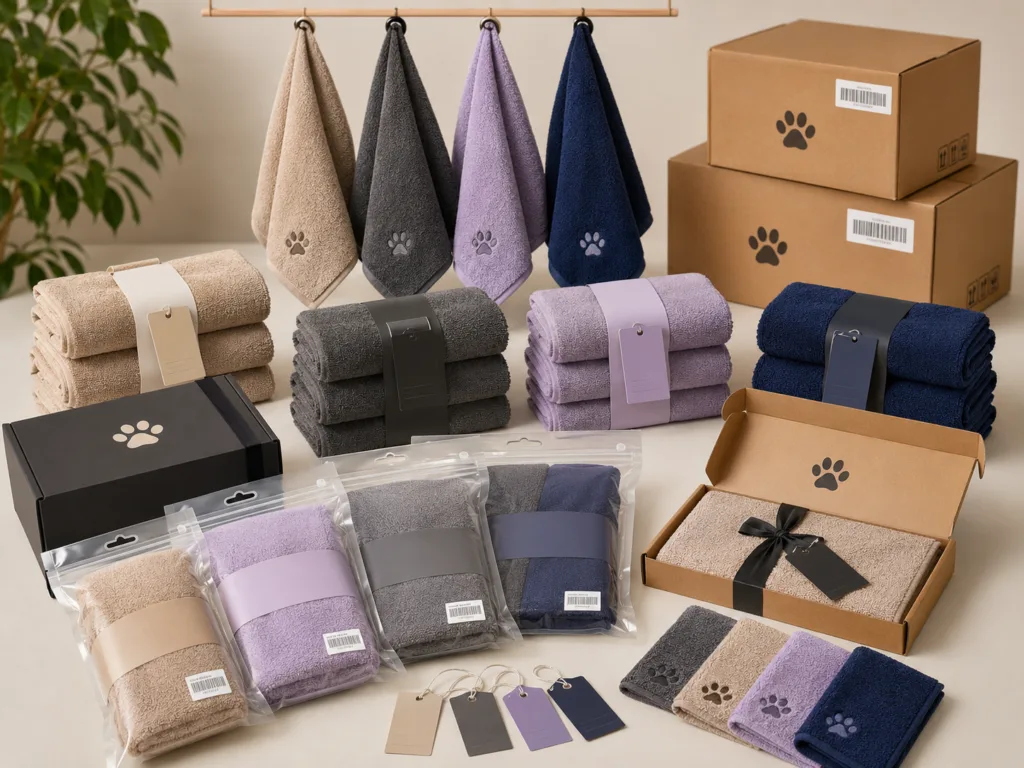 Private label custom pet towel packaging with belly bands hang tags gift boxes and retail-ready cartons