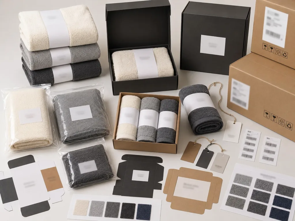 Private label towel packaging development with woven labels, belly bands, hang tags, barcode samples, gift boxes and export cartons.