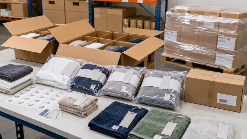 Private label towel packaging and export preparation for wholesale bulk towel orders.