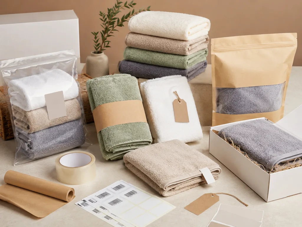 Private label towel packaging options including polybag, belly band, hang tag and gift box for Amazon sellers