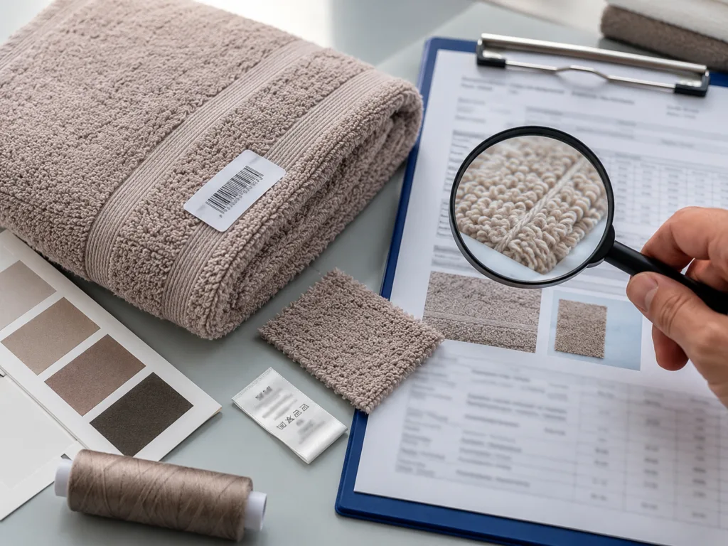 Buyer comparing towel sample, fabric swatch, label and REACH test report to verify compliance for a textile towel order