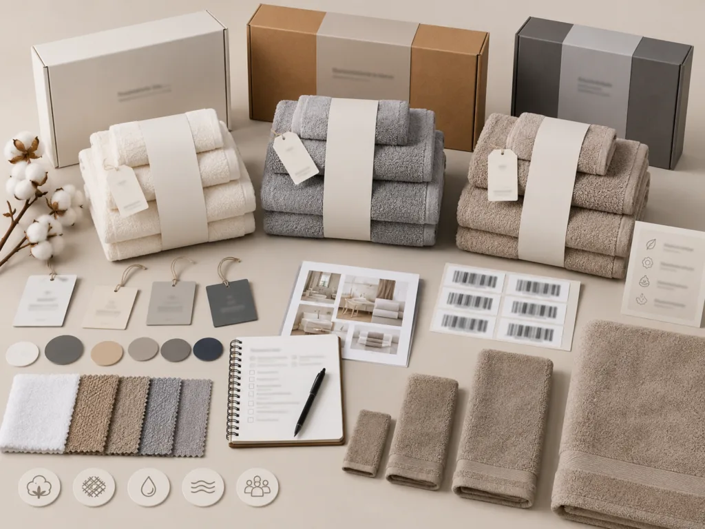 Retail-ready towel sets with blank packaging and product development materials for certified private label towel sourcing
