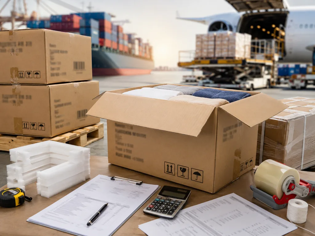 Export cartons with packed towels, shipping documents, calculator and logistics materials for shipping towels from China