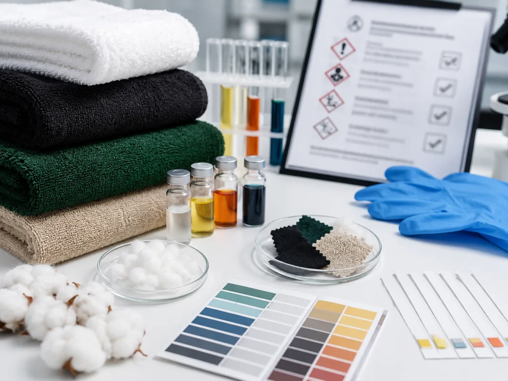 Textile towels with laboratory testing tools representing chemical compliance risks such as dyes, finishing agents and SVHC substances