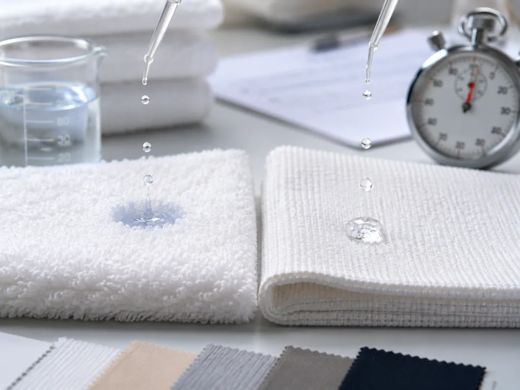 Towel absorbency test comparing cotton and microfiber towels with water droplets, pipette, stopwatch, and inspection notes