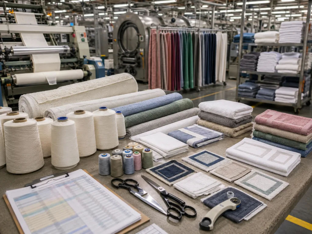 Towel bulk production process showing yarn cones, terry fabric rolls, dyed towel pieces, sewing materials and finished towels