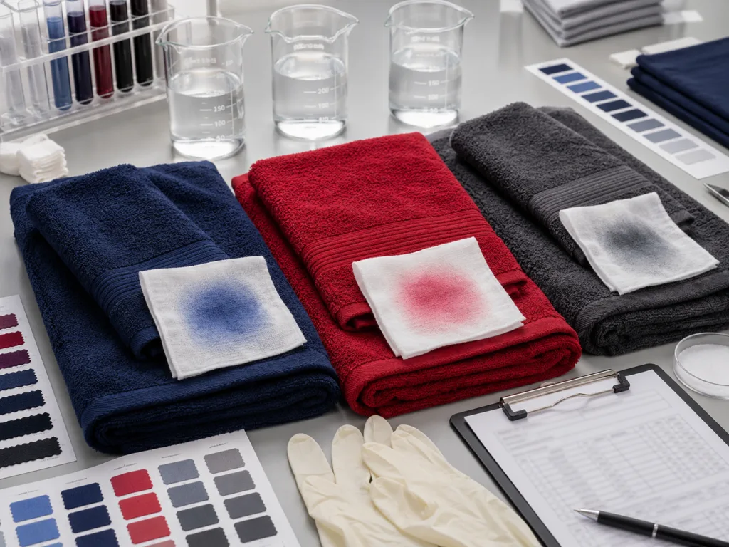 Towel color bleeding test with dark towels, white test cloths and color swatches for bulk towel dyeing quality control