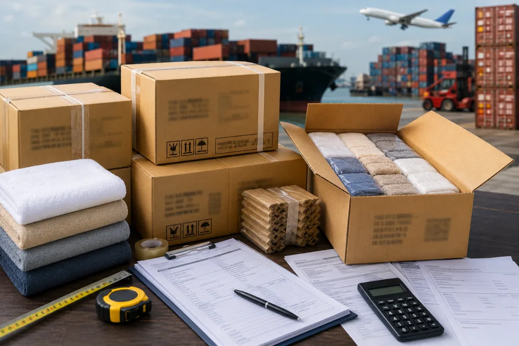 Towel DDP shipping and export logistics with packed towels, sealed cartons, shipping documents, CBM planning tools and freight background.