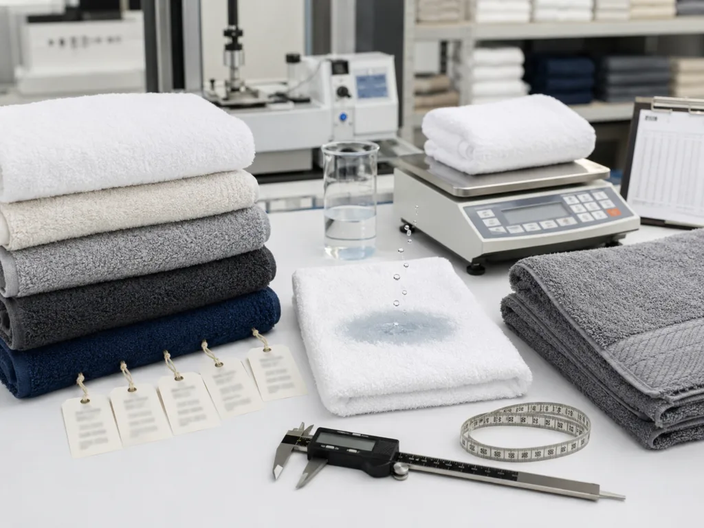 Towel GSM and absorbency testing with different towel weights, water absorption check, digital scale, measuring tape and quality control tools.