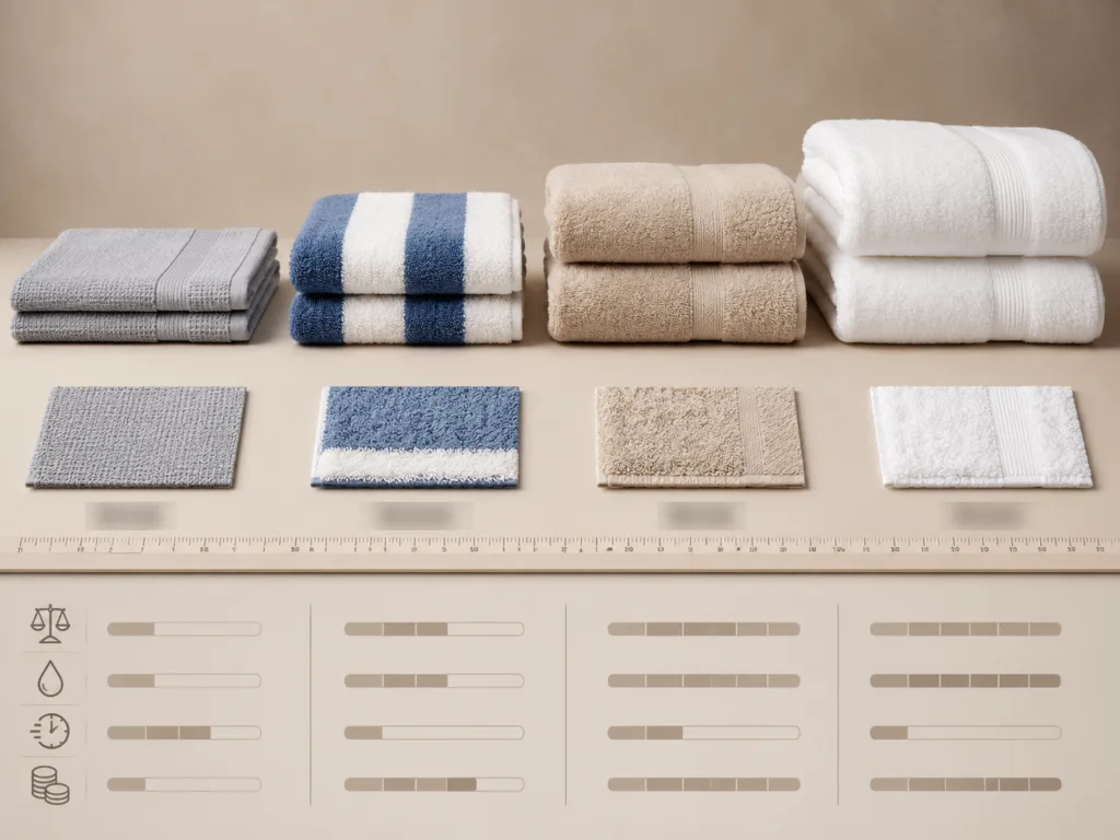 Towel GSM comparison showing different towel thickness levels for gym towels, beach towels, hotel bath towels and spa towels