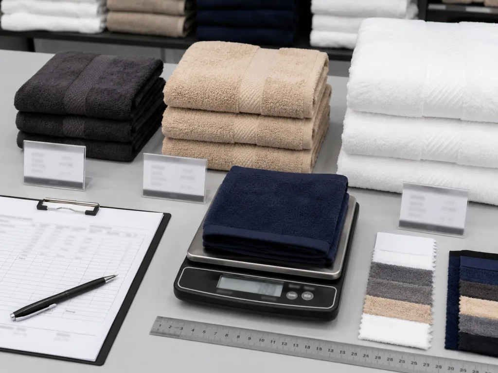 Towel GSM and weight inspection showing towels of different thicknesses on a scale with fabric samples and specification sheets