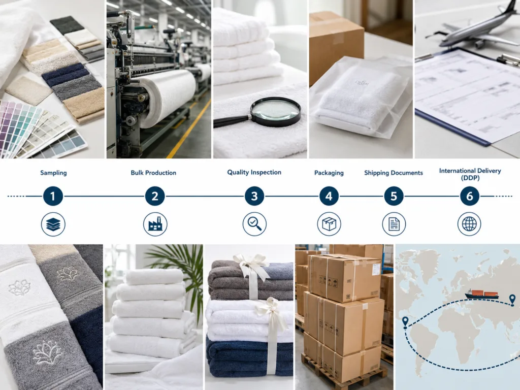 Towel lead time guide showing sampling, GSM swatches, custom logo towels, retail packaging, export cartons and DDP shipping planning.