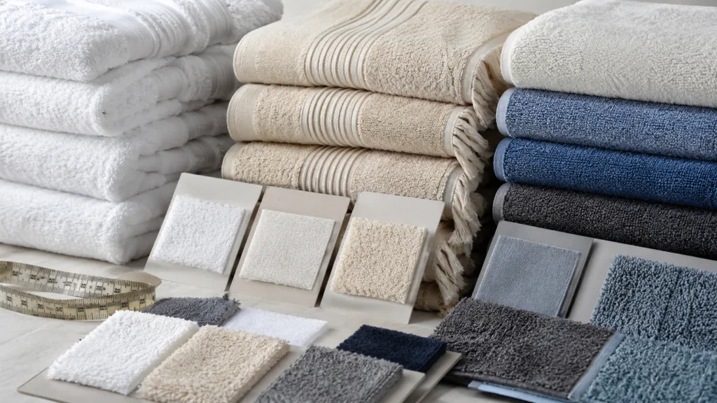 Towel materials and GSM comparison showing cotton, bamboo and microfiber options for B2B towel buyers.