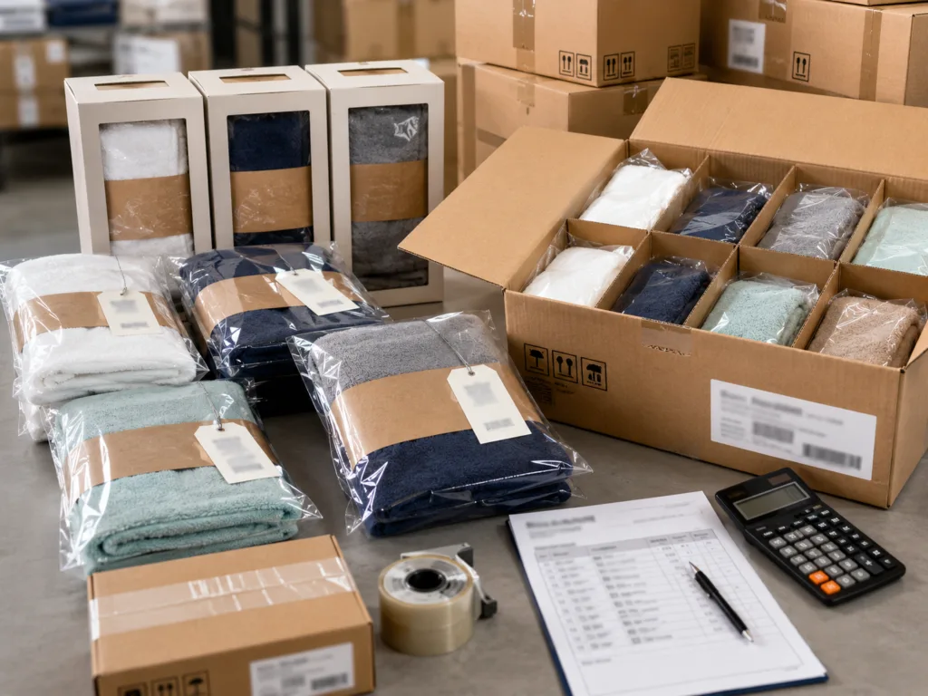 Export towel packaging inspection with folded towels, polybags, belly bands, labels, retail boxes, and open shipping cartons