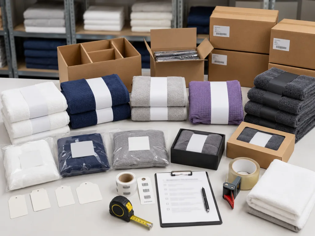 Export-ready towel quality control and retail packaging table with folded towels, hang tags, belly bands, barcode labels, gift boxes and cartons