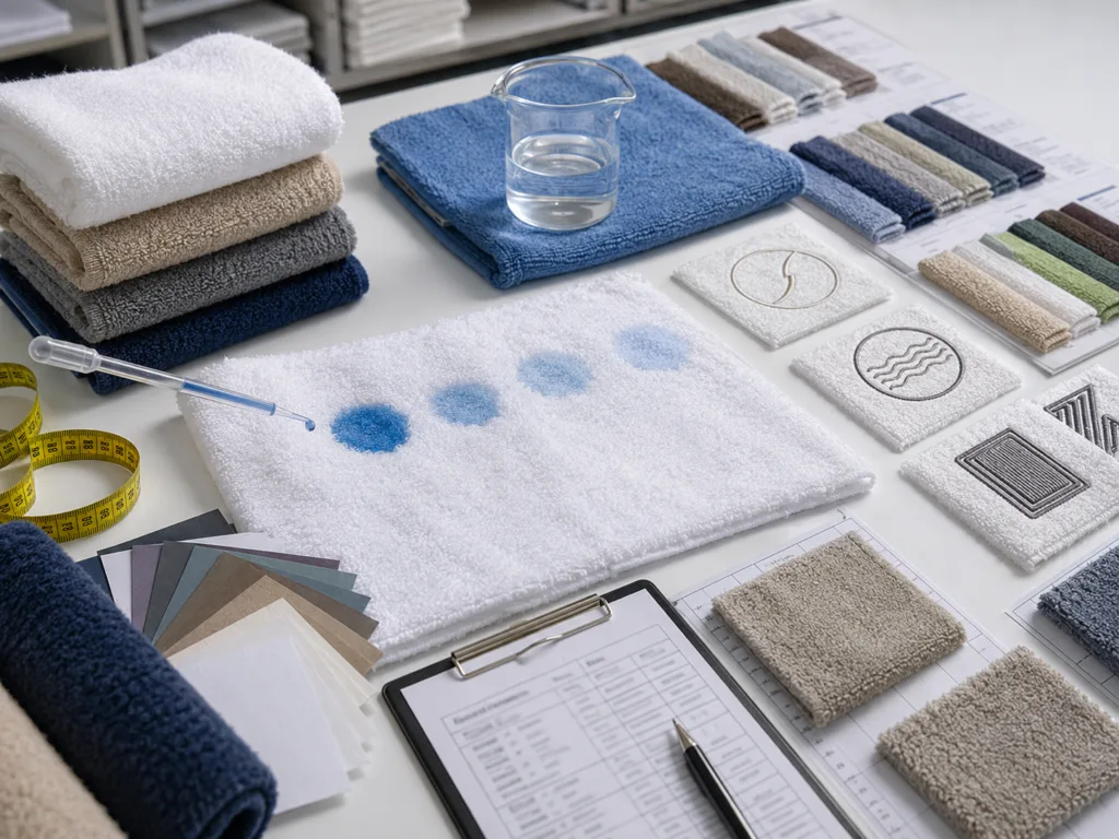 Towel samples tested for absorbency, GSM, shrinkage, logo quality and washing performance before bulk production