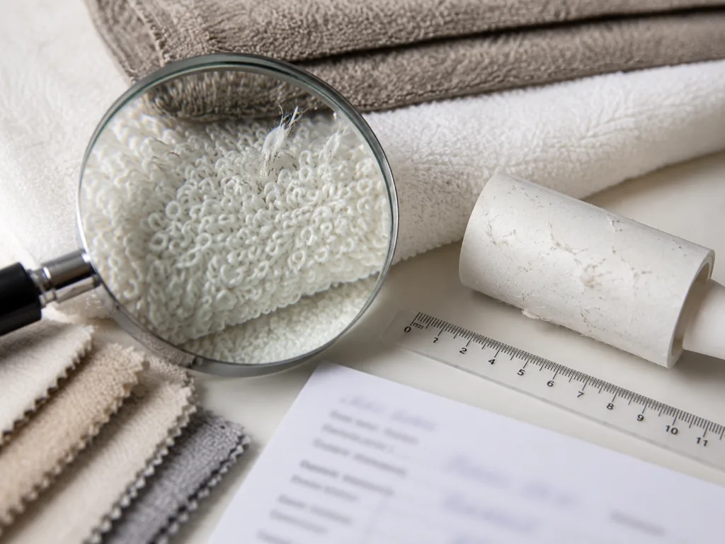 Close-up towel shedding inspection showing lint fibers, loose terry loops and a magnifying glass for wholesale towel quality control
