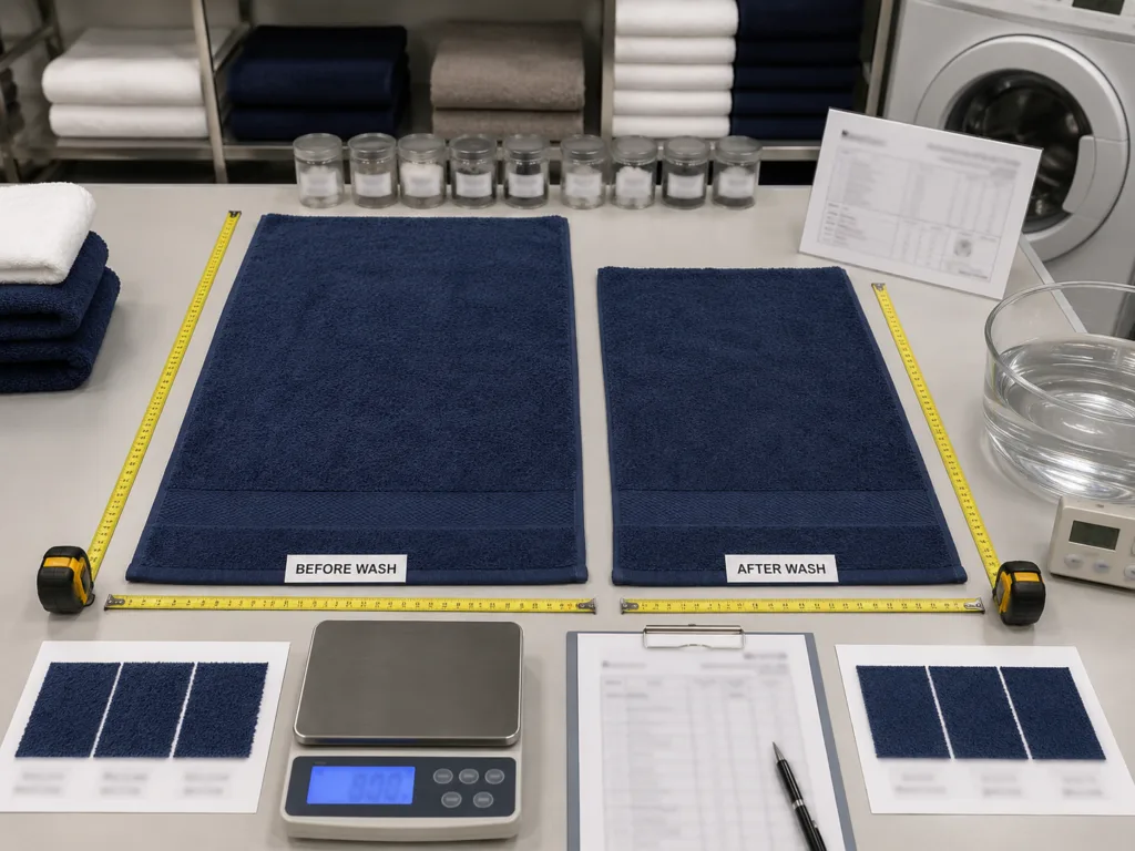 Towel shrinkage inspection showing before and after washing size comparison with measuring tape for bulk towel orders