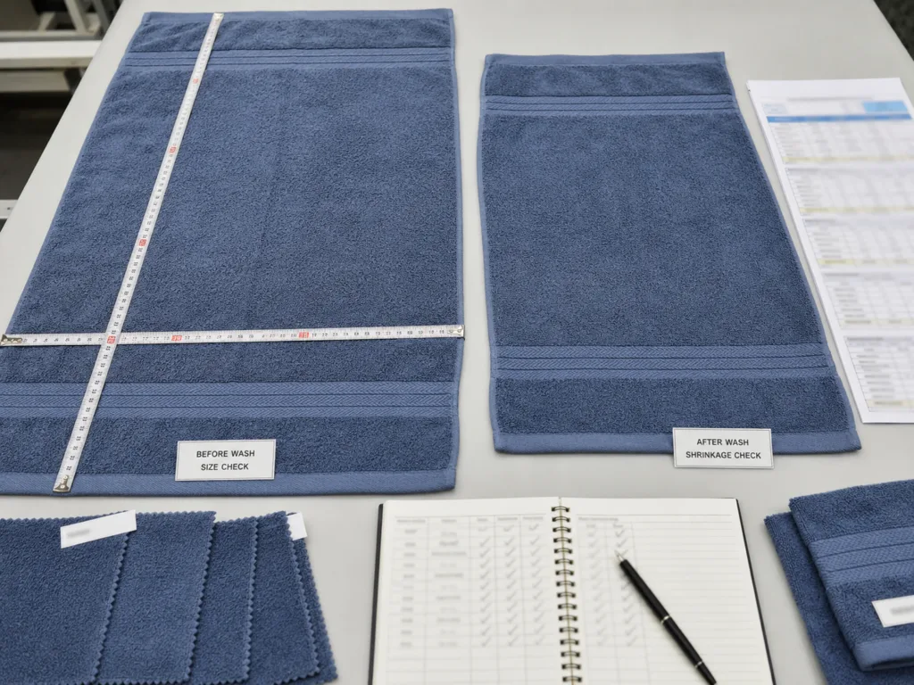 Towel size and shrinkage inspection with bath towels measured by tape after washing before bulk shipment