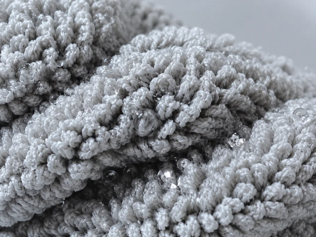 Close-up texture of twisted loop microfiber towel with water droplets for car drying
