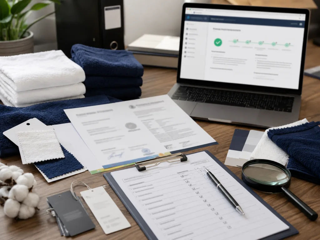 Towel samples and blurred certification documents used to verify OEKO-TEX certified towels before bulk ordering