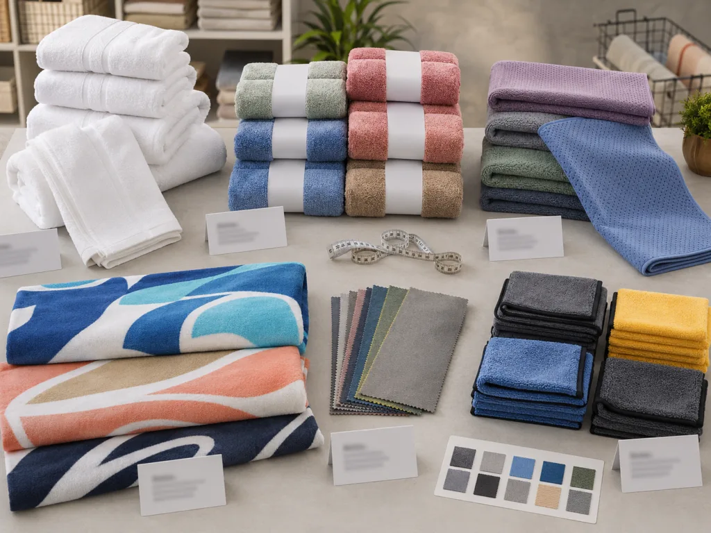Wholesale towel categories including hotel towels, retail bath towels, yoga towels, beach towels and microfiber car wash towels for B2B sourcing.