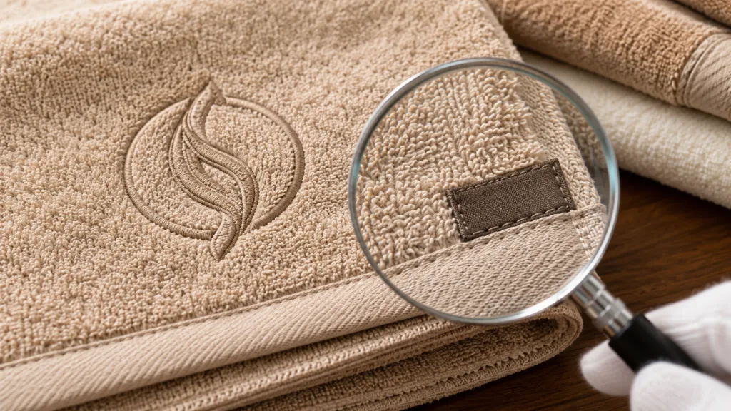 Custom logo towel workmanship inspection showing embroidery, side label and edge stitching before bulk order approval