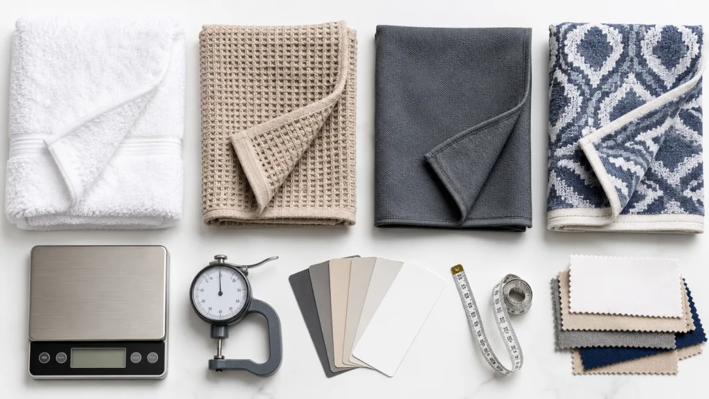 Comparison of cotton terry, waffle, microfiber and jacquard towel samples with GSM and thickness checking tools