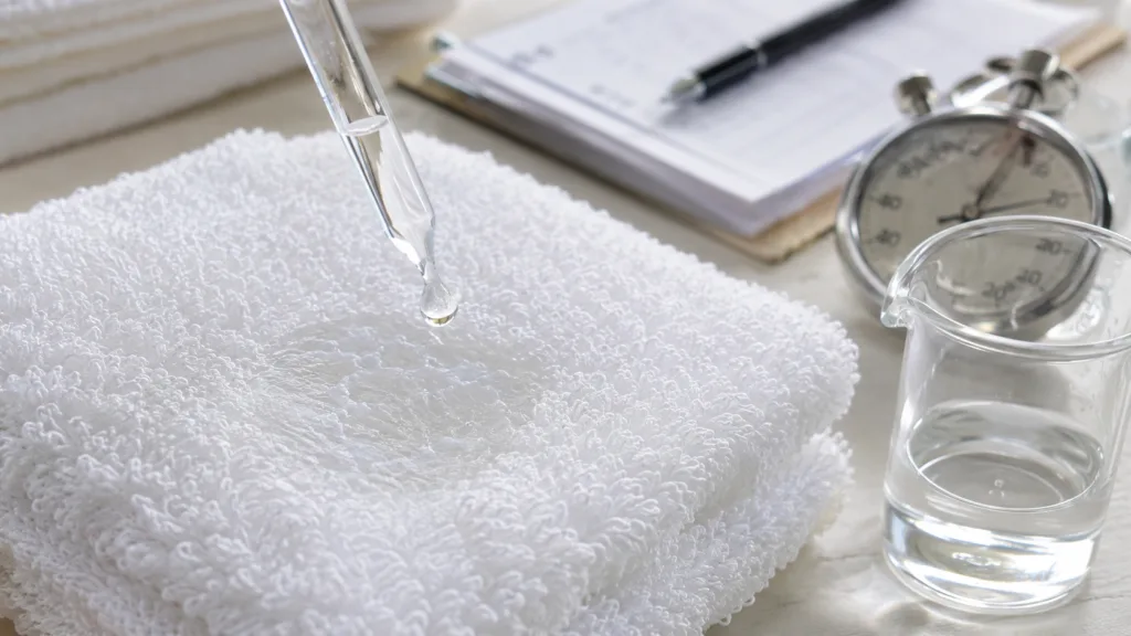Close-up towel absorbency test with water droplets on cotton terry fabric before bulk towel production approval