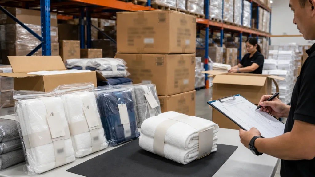 Bulk towel packaging inspection with folded towels, hang tags, barcode labels and export cartons before shipment