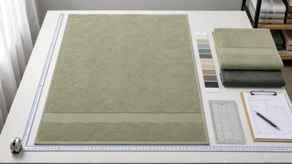 Towel sample size measurement and color approval with measuring tape and physical color swatches before mass production
